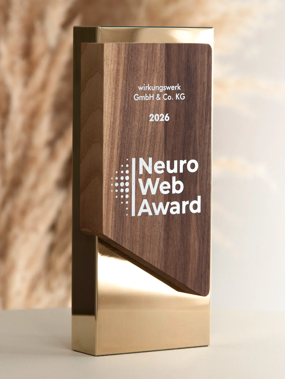 Der Neuro Web Award als Trophäe aus Nussbaum und Messing